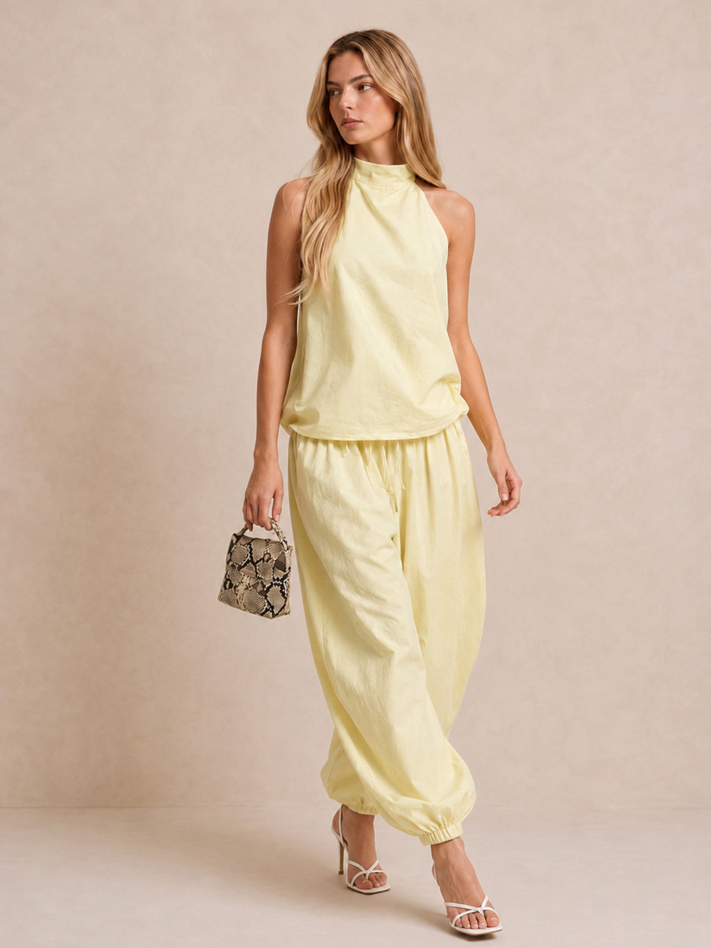 Light Yellow Linen-Blend Halter Top & Wide-Leg Pants Set
