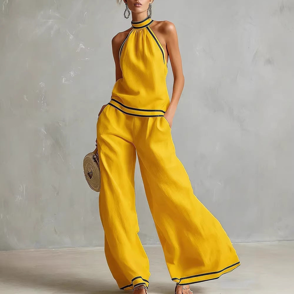 Contrast Trim Sleeveless Vest & Wide-Leg Pants Set