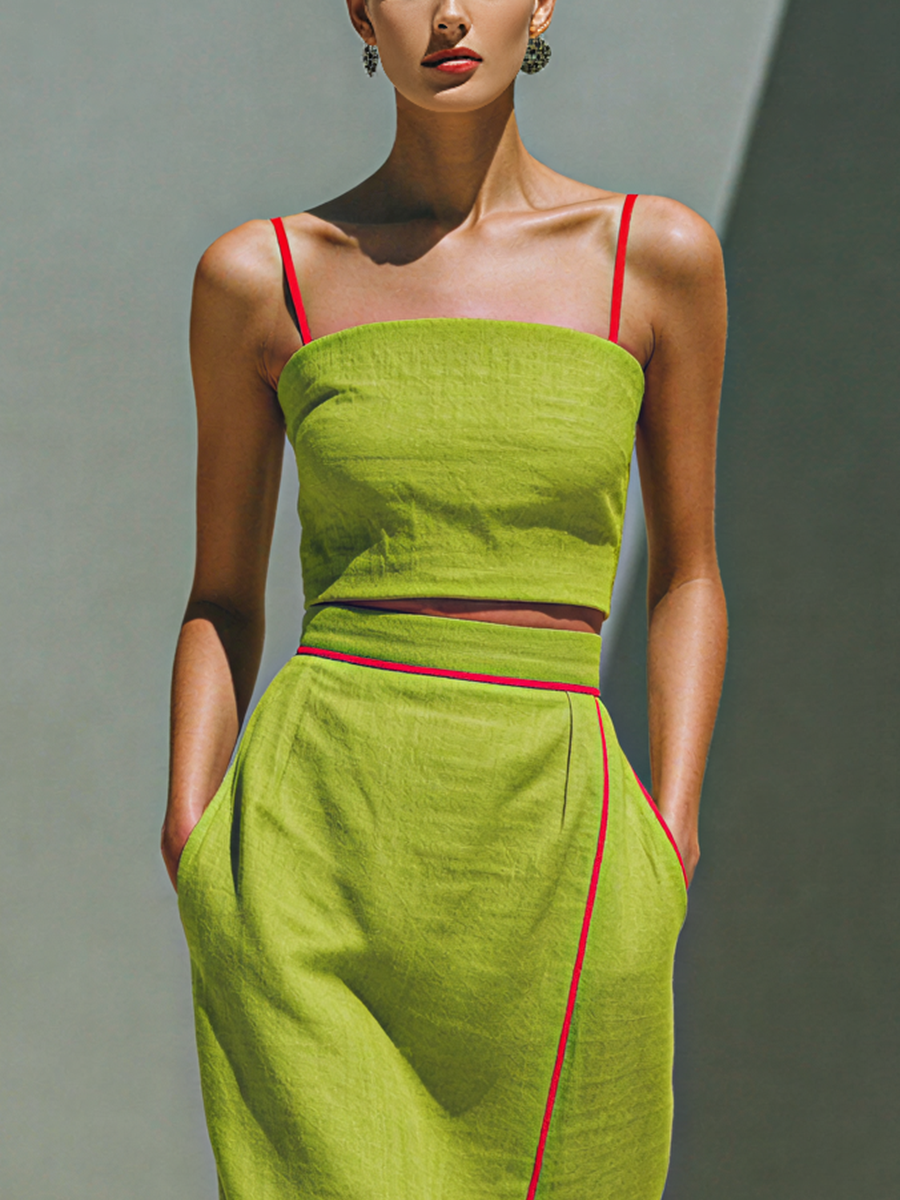 Linen Two-Piece Set Women's Summer Crop Top and High-Waisted Midi Skirt with Red Trim Strappy Sleeveless Outfit