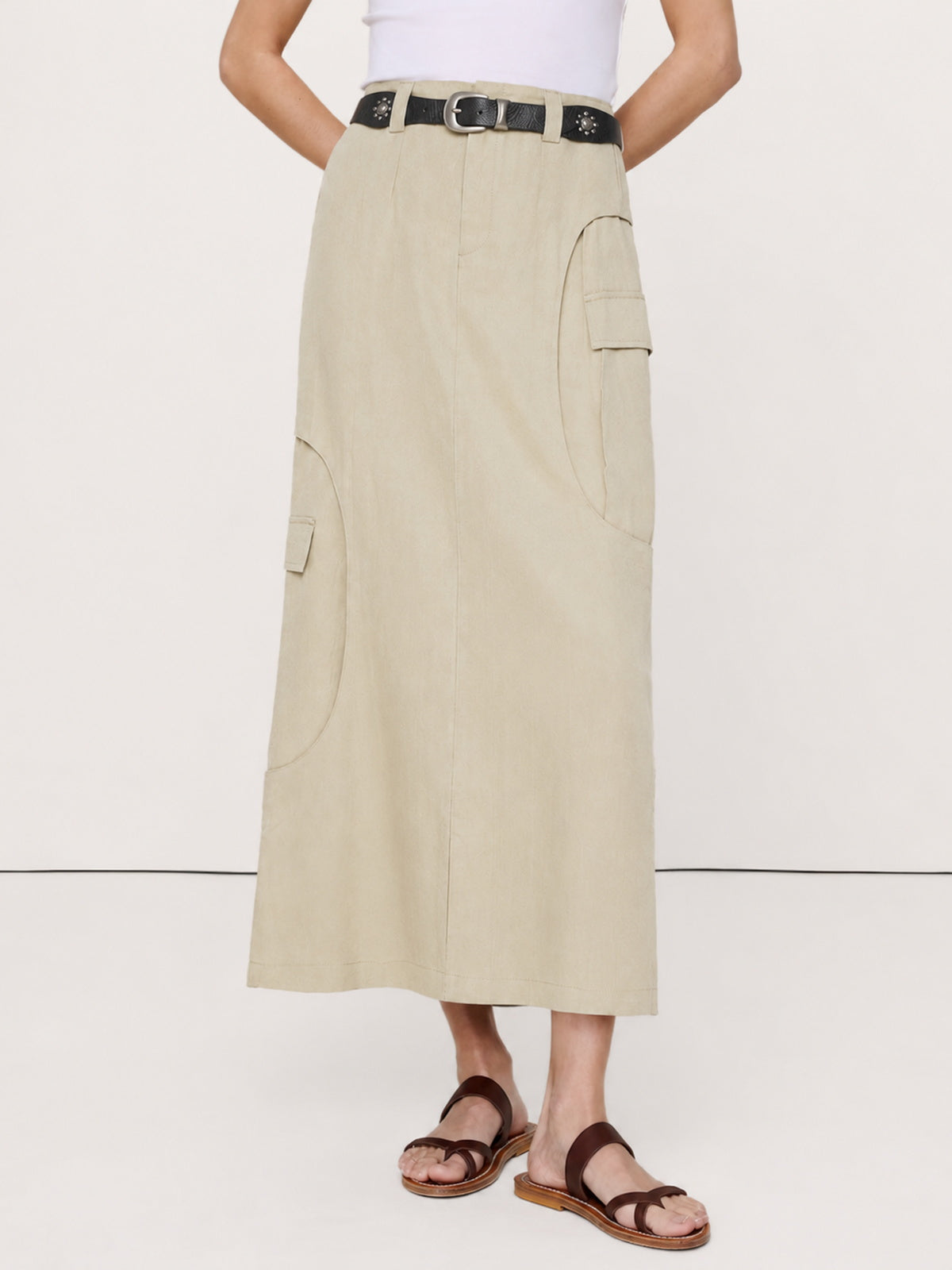 Curved-Seam Cargo Midi Skirt With Studded Belt
