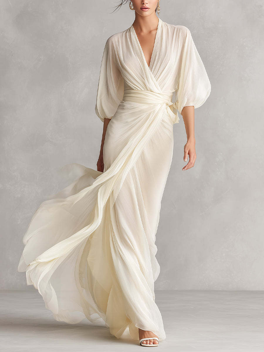Chiffon Wrap Maxi Dress with V-Neck and Flowing Sleeves