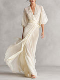 Chiffon Wrap Maxi Dress with V-Neck and Flowing Sleeves