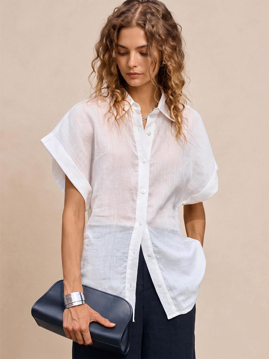 Cinched Waist Casual Linen Shirt
