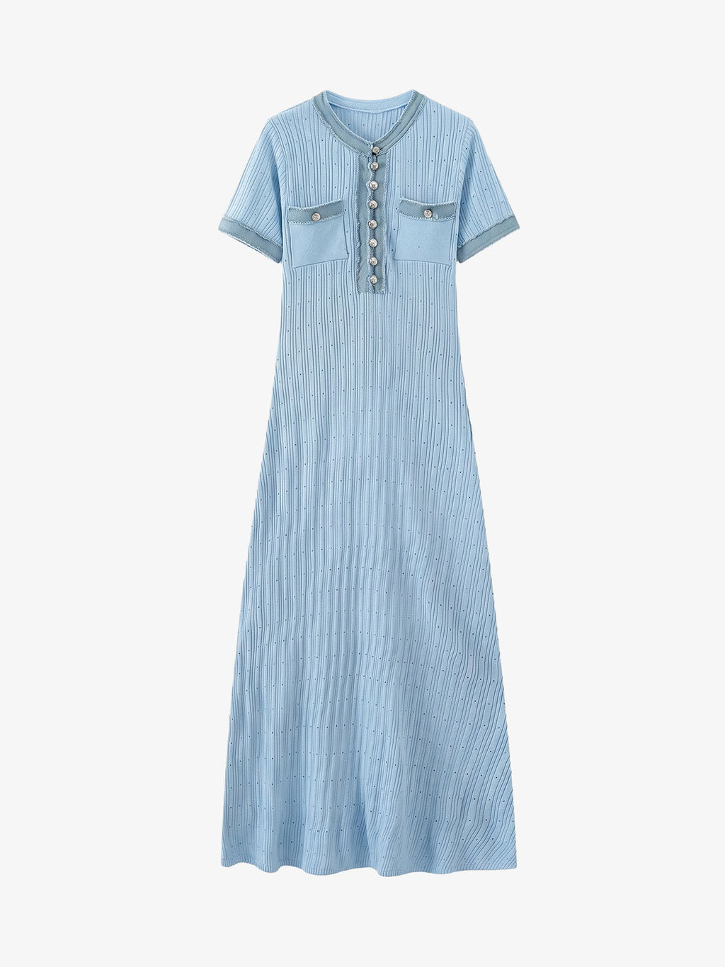 Ribbed Knit Denim Trim Midi Dress