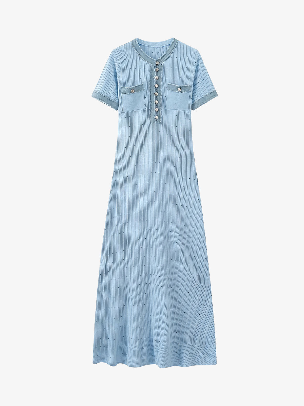 Ribbed Knit Denim Trim Midi Dress
