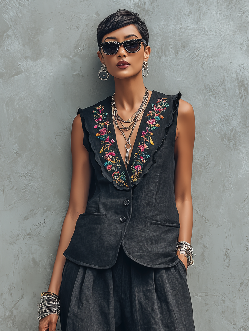 Linen Embroidered Sleeveless Vest & Wide Leg Pants Set for Women Boho Chic Summer Outfit with Floral Trim and Relaxed Fit