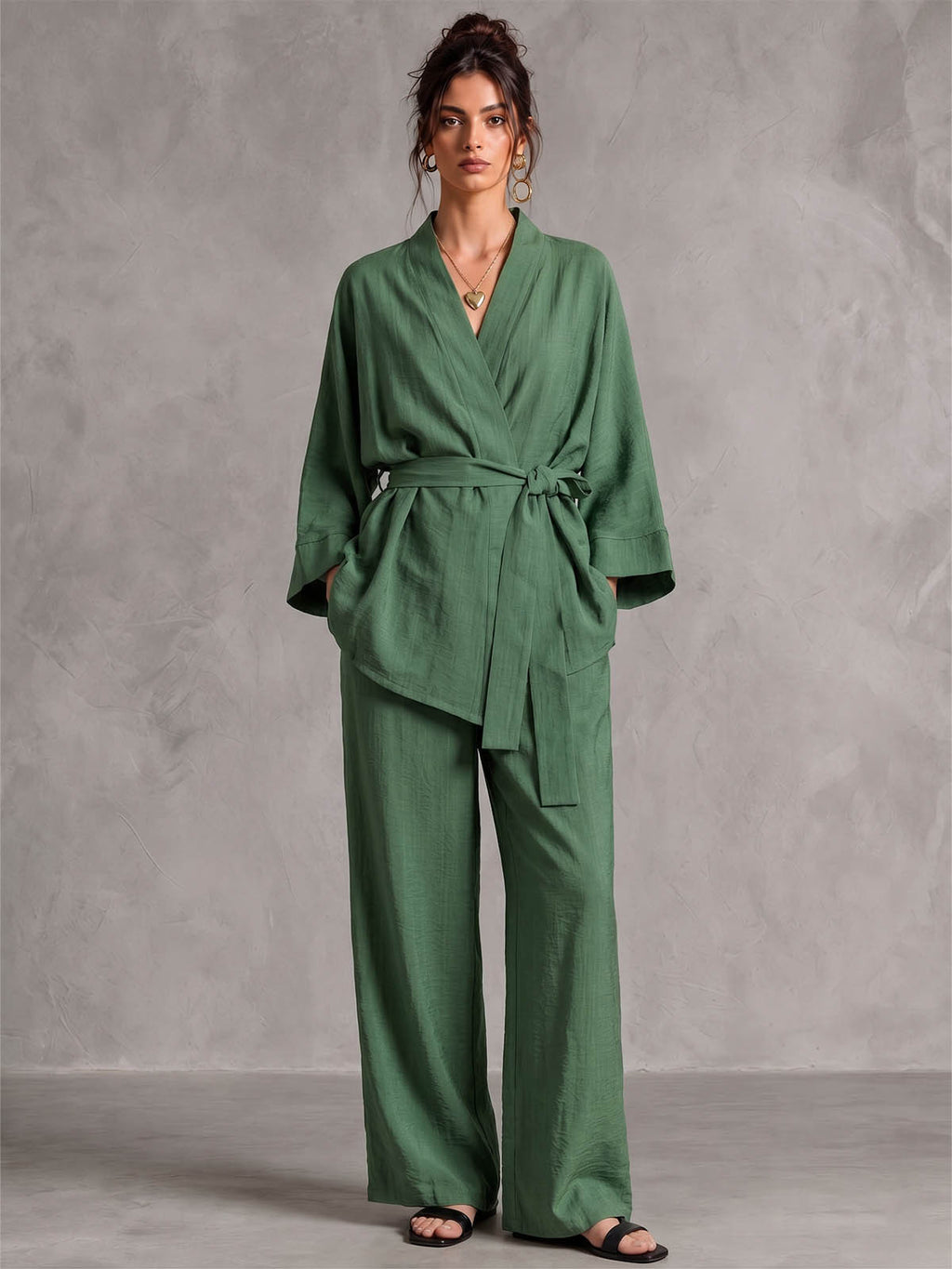 Green Linen Wrap Top & Wide-Leg Pants Set