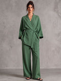 Green Linen Wrap Top & Wide-Leg Pants Set