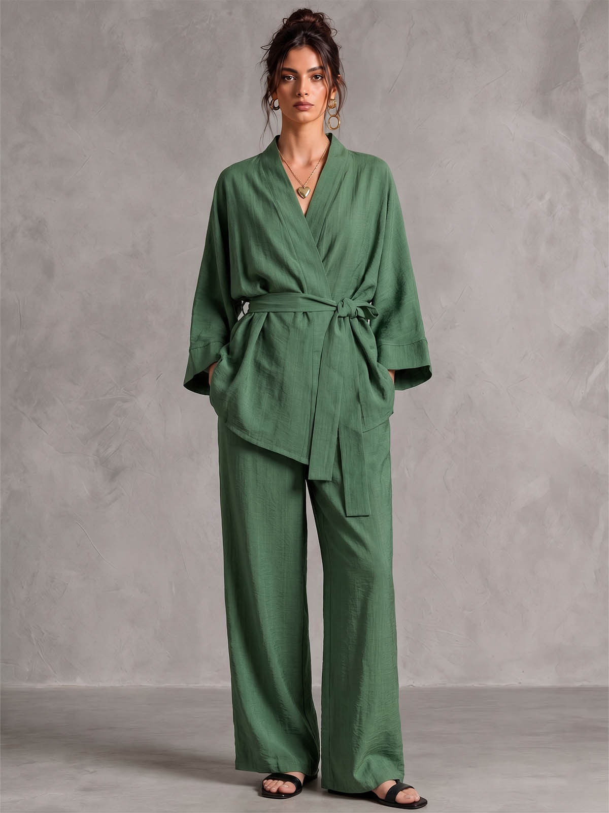 Green Linen Wrap Top & Wide-Leg Pants Set