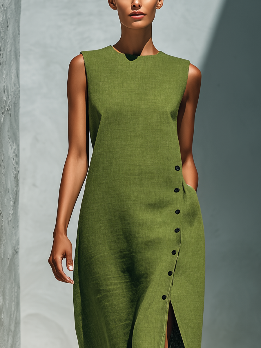 Linen Maxi Dress with Side Button Detail and High Slit for Women