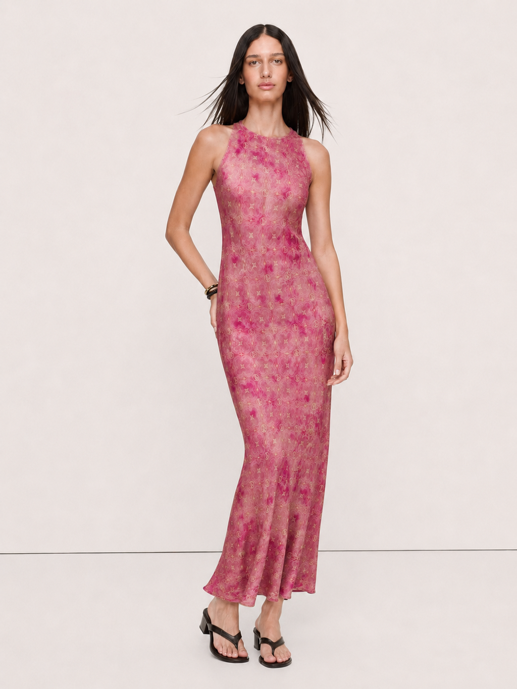 Rose Pink Abstract Motif Sleeveless Maxi Dress