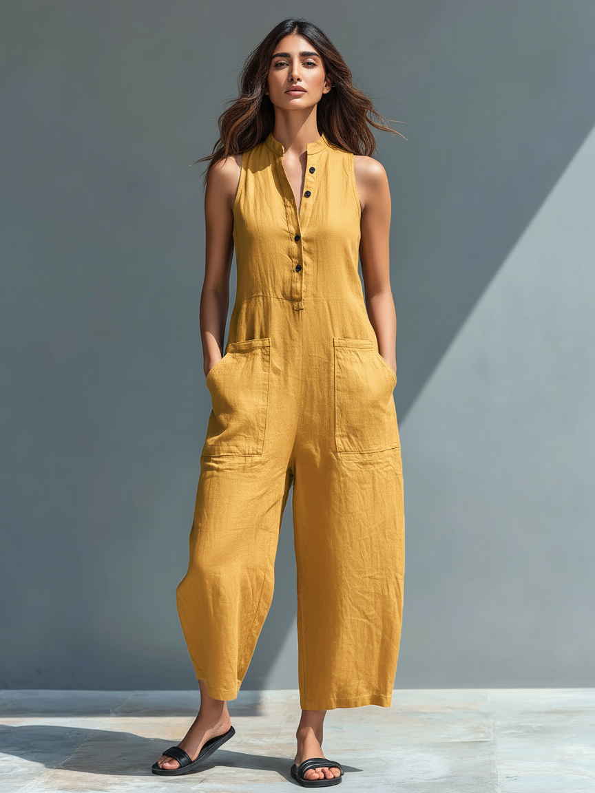 Linen Sleeveless Button Front Jumpsuit