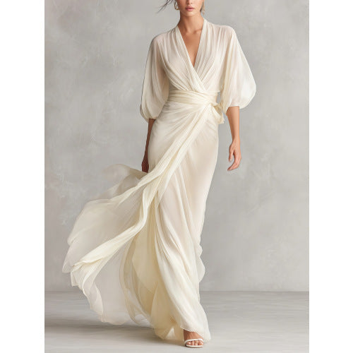 Ruched Wrap V Neck Flowy Maxi Dress