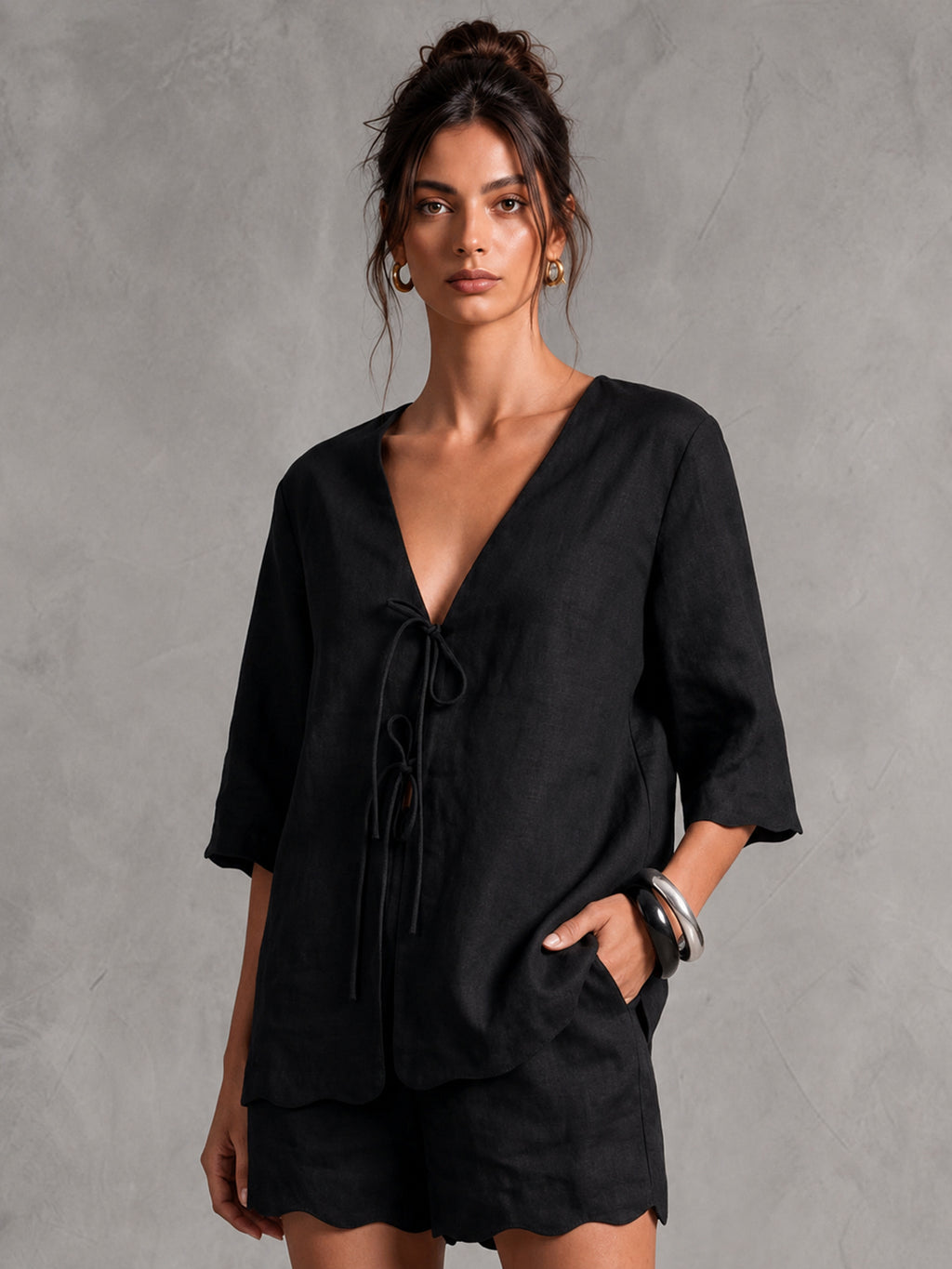 Linen V-Neck Tie-Front Blouse with 3/4 Sleeves & Scallop Hem