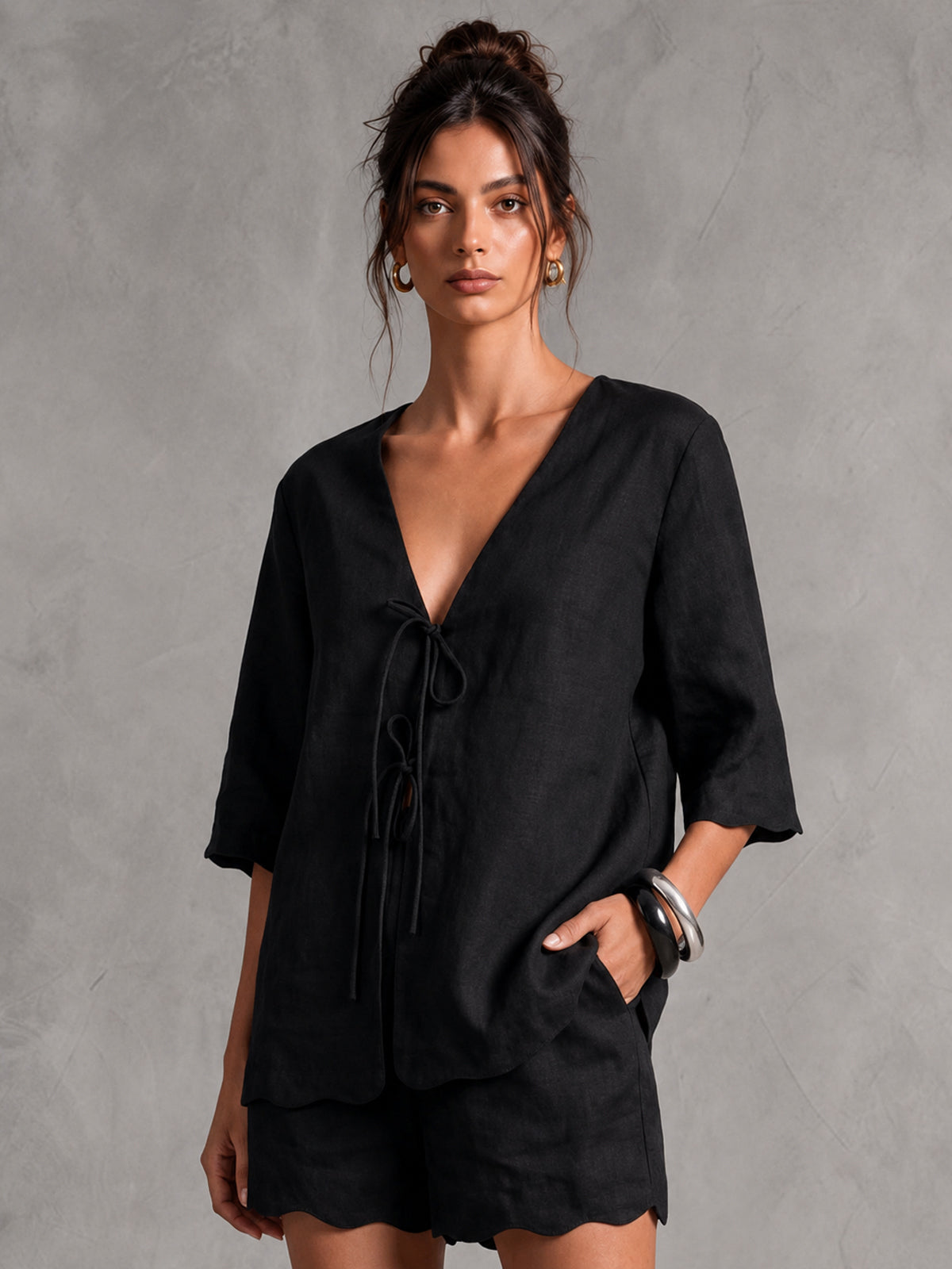 Linen V-Neck Tie-Front Blouse with 3/4 Sleeves & Scallop Hem