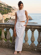 White Linen-Blend Sleeveless Cropped Top with Back Button Detail
