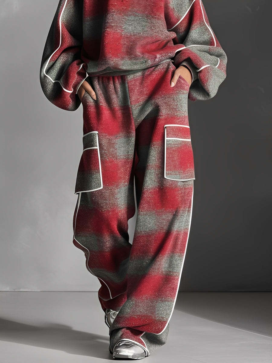 Fleece-Lined Plaid Oversized Sweater Set with Pockets and Ribbed Hem
