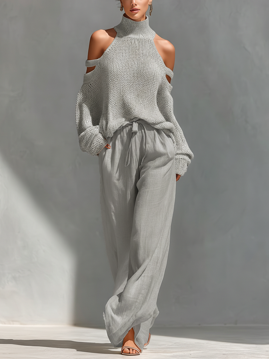 Knit Wool Off-Shoulder High Neck Sweater Set with Linen Wide Leg Pants