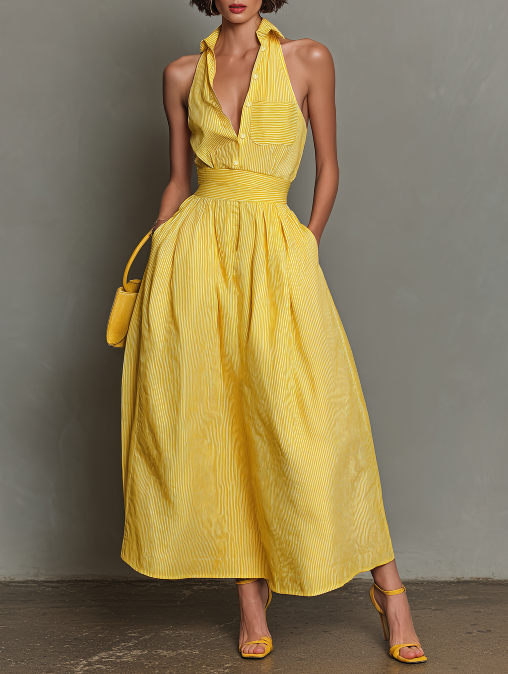 Striped Cotton Halter Midi Dress
