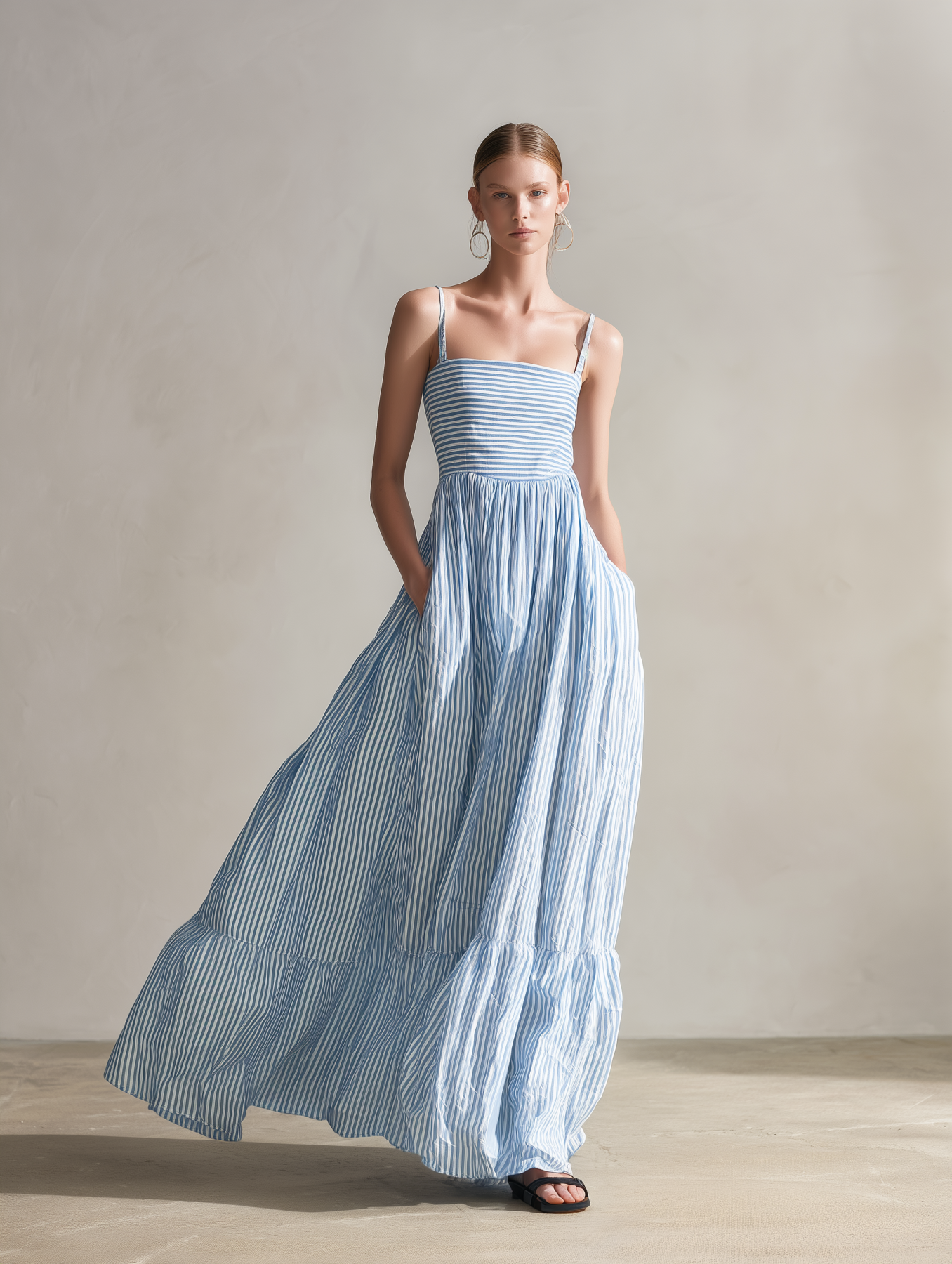 Cotton Striped Maxi Dress with Spaghetti Straps and Tiered Skirt