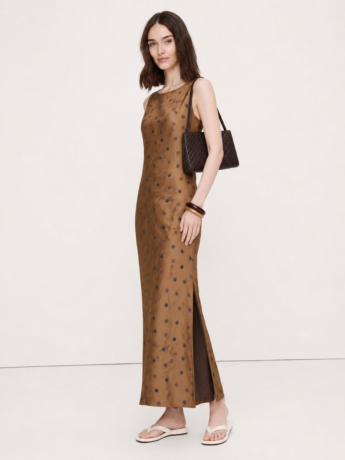 Silk Polka-Dot Sleeveless Column Maxi Dress