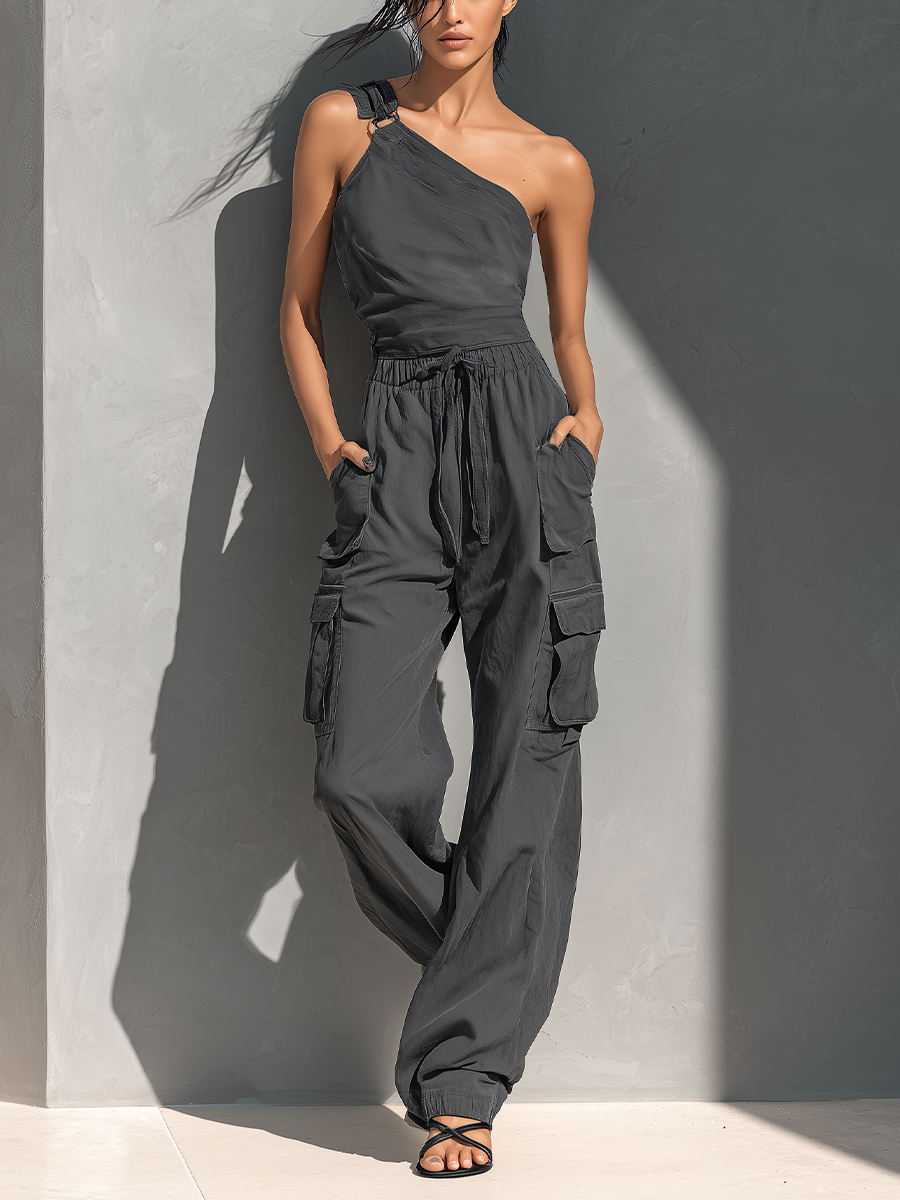 Cotton One-Shoulder Cargo Jumpsuit with Drawstring Waist and Multiple Pockets