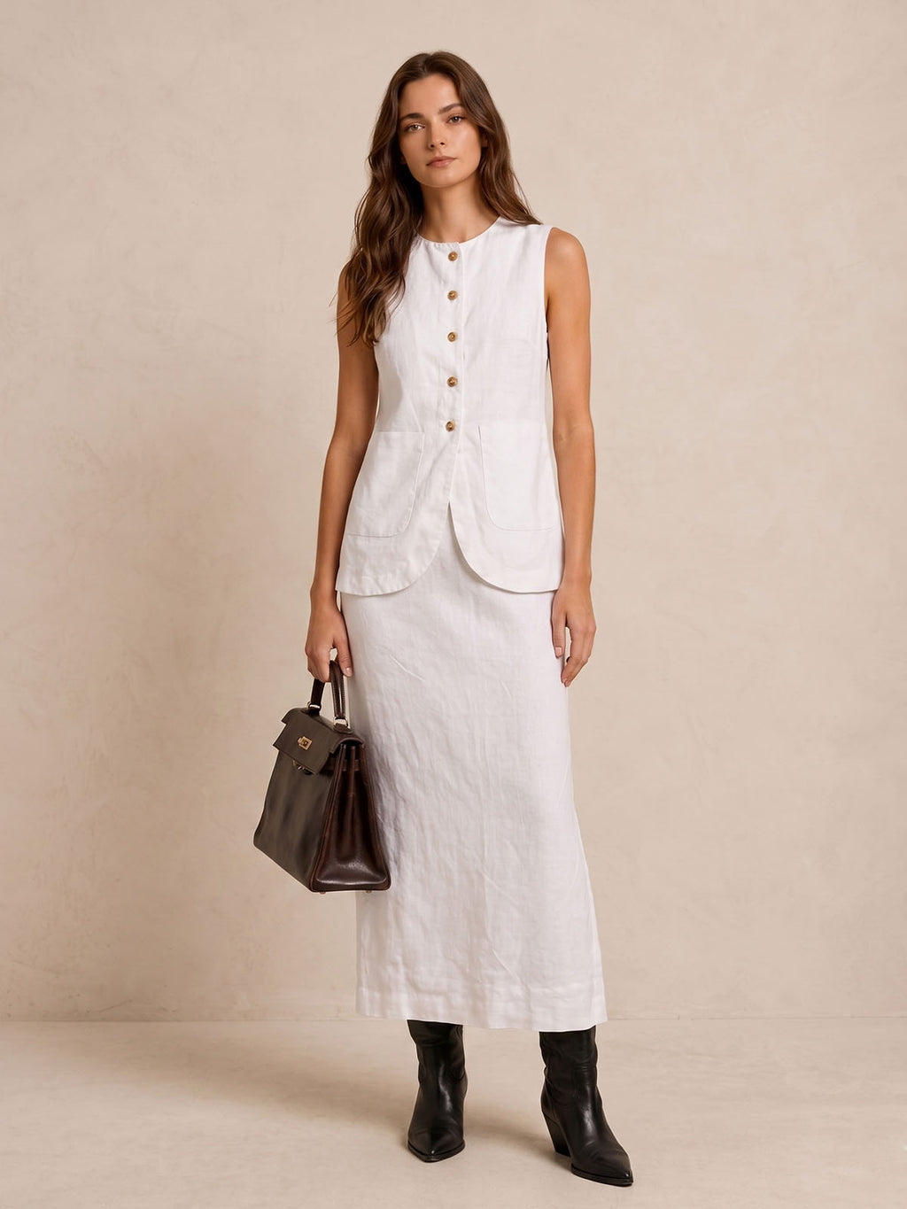 Sleeveless Button-Front Linen Vest Skirt Set