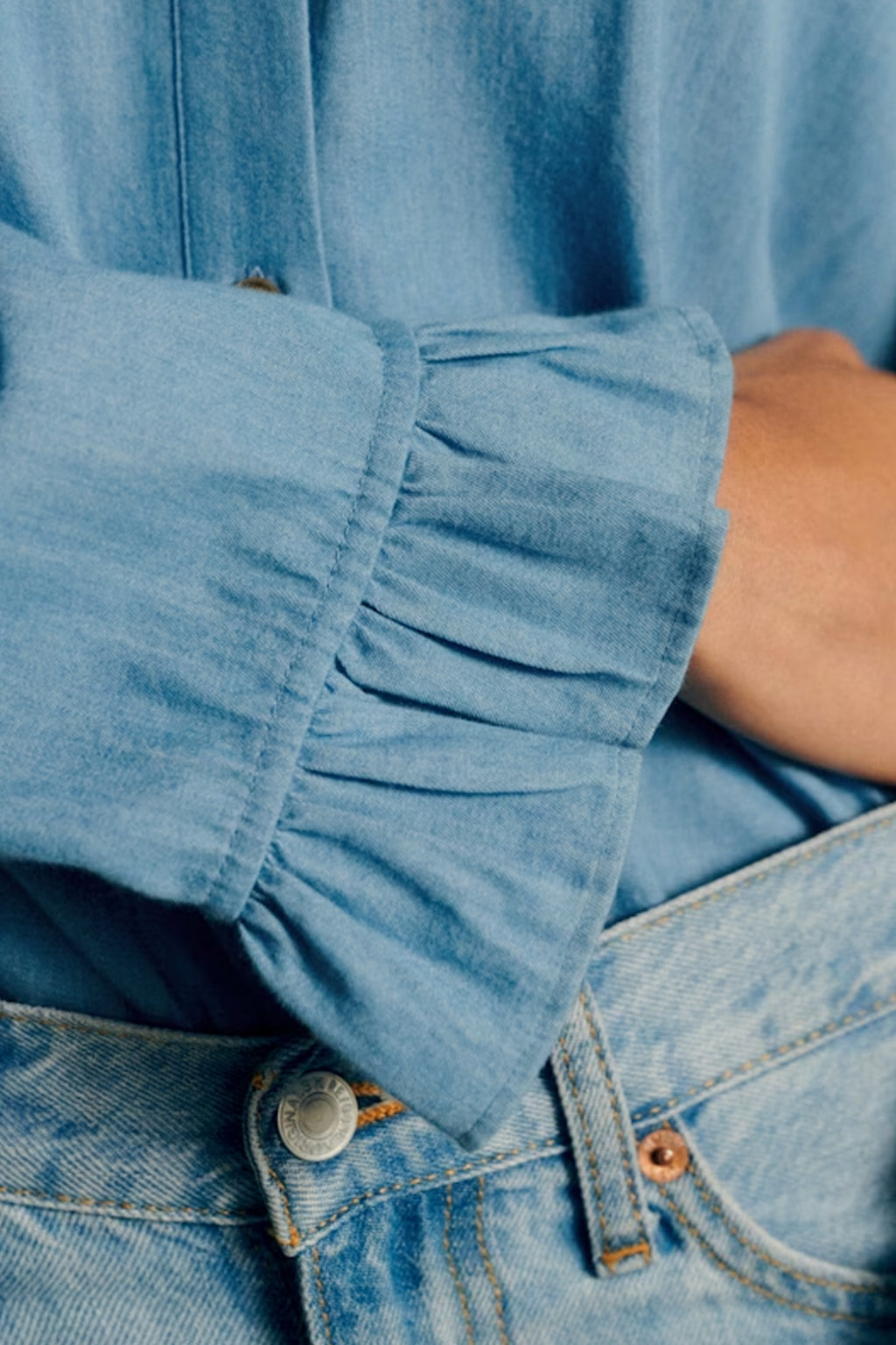 The Colette Blouse In Frilled Denim Blue