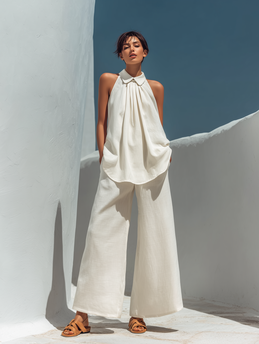 Linen Sleeveless Collared Top & Wide Leg Pants Set - Flowy Summer Outfit for Women