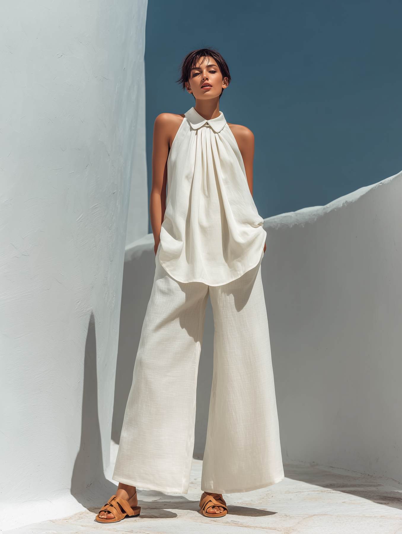 Linen Sleeveless Collared Top & Wide Leg Pants Set - Flowy Summer Outfit for Women