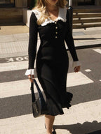 Französisches Midi-Strickkleid mit Rüschenkragen