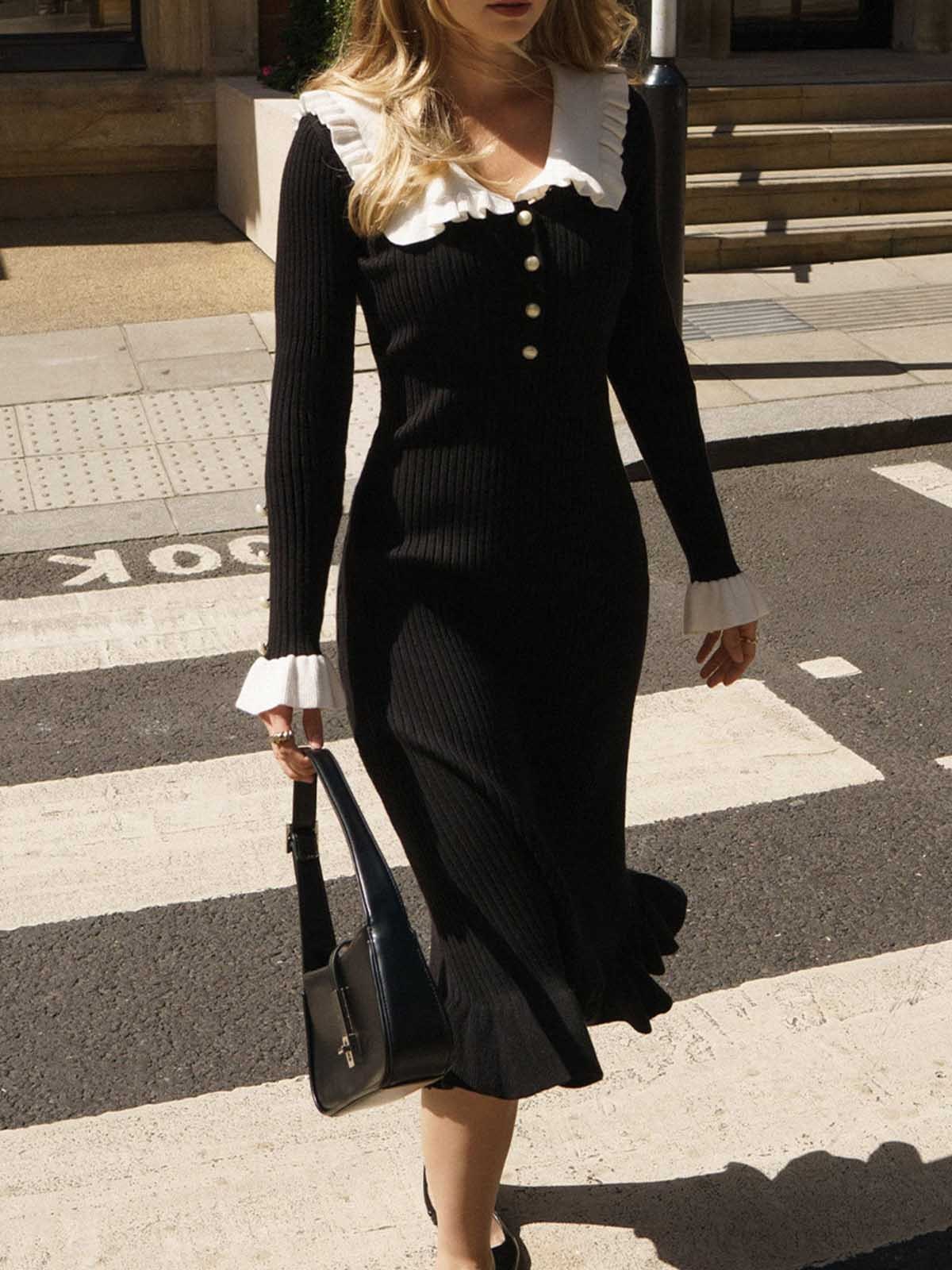 Robe midi en maille à col volanté française