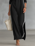 Maxikleid aus Baumwollmischung mit langen Ärmeln und weißen Streifen – lässig-elegantes Damenkleid