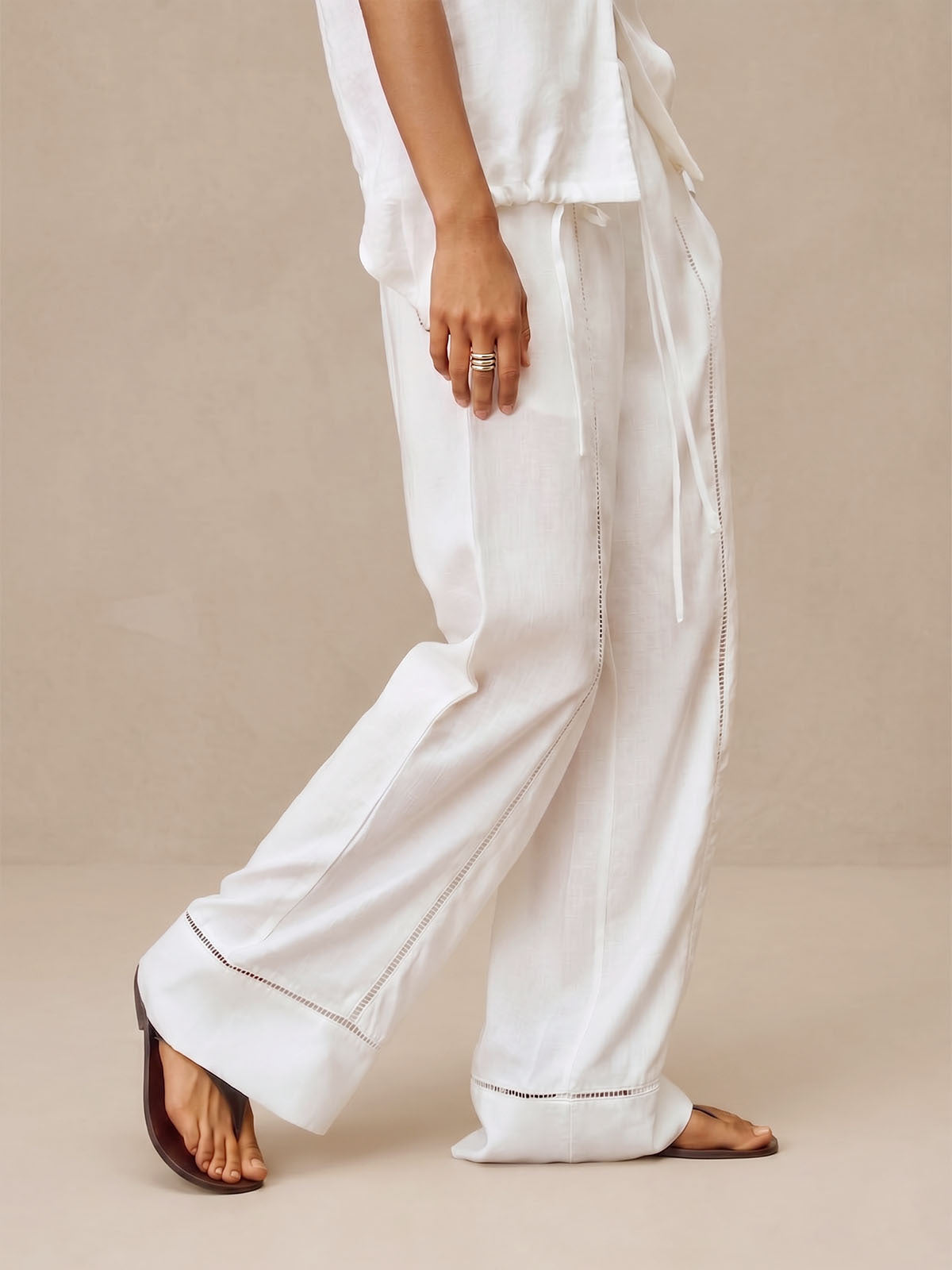 Lace-Trimmed Cutout Linen Pants