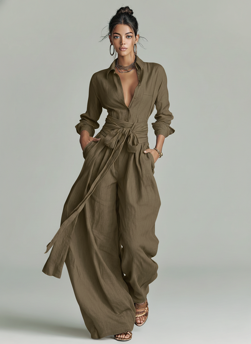 Linen Wide Leg Jumpsuit with Belted Waist and Button-Down Collar