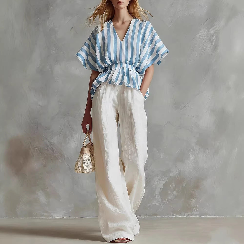 Striped V-Neck Peplum Top & Wide-Leg Pants Set