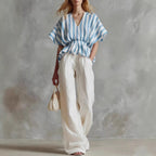Ensemble top péplum col en V rayé et pantalon large