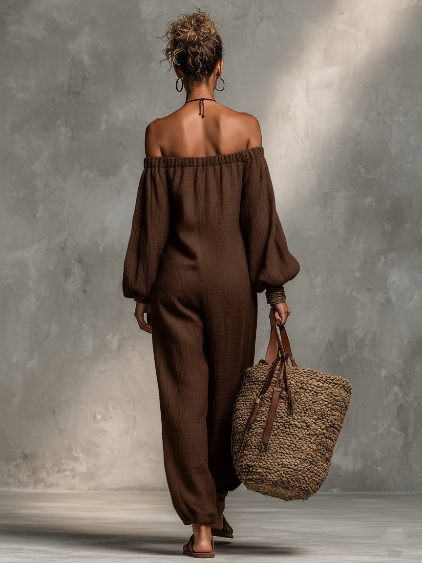 Cotton Linen Off-Shoulder Jumpsuit with Puff Sleeves and Wide Leg Design