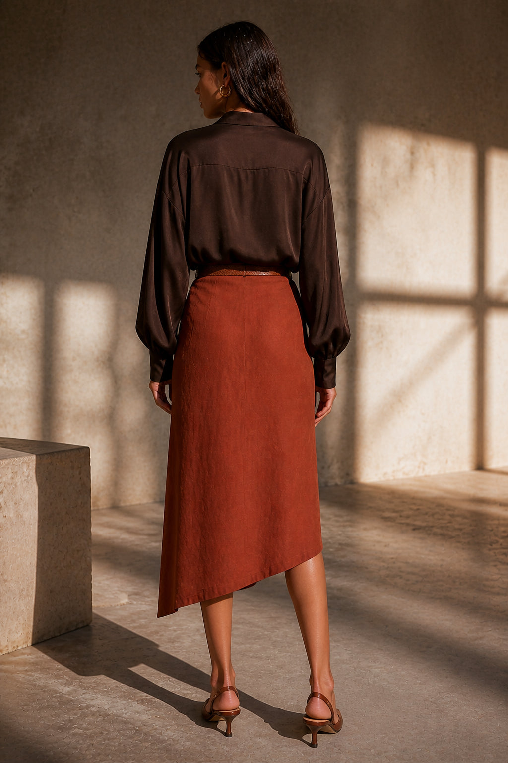 Silky Wrap Shirt Skirt Set