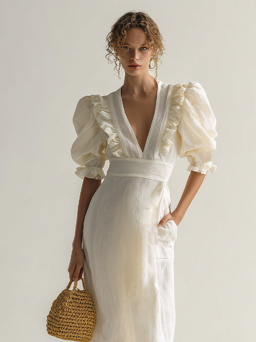 Linen V-Neck Wrap Midi Dress with Puff Sleeves and Ruffle Details