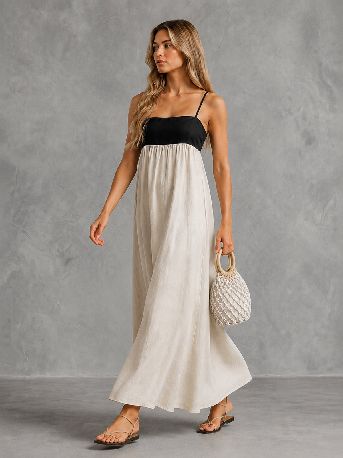 Contrast Bodice Open Back Maxi Dress