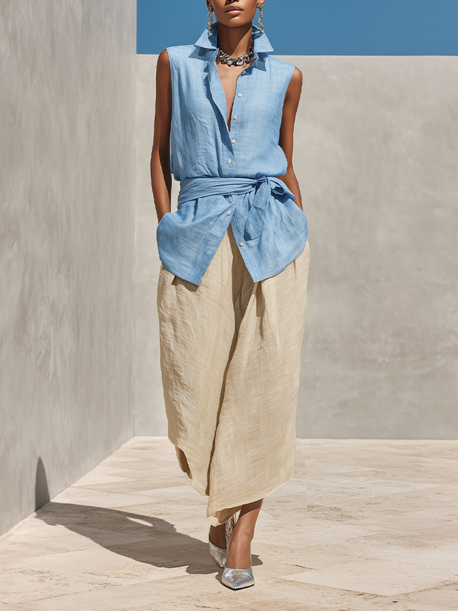 Linen Sleeveless Button-Down Top with Tie Waist and Beige Linen Midi Skirt Set