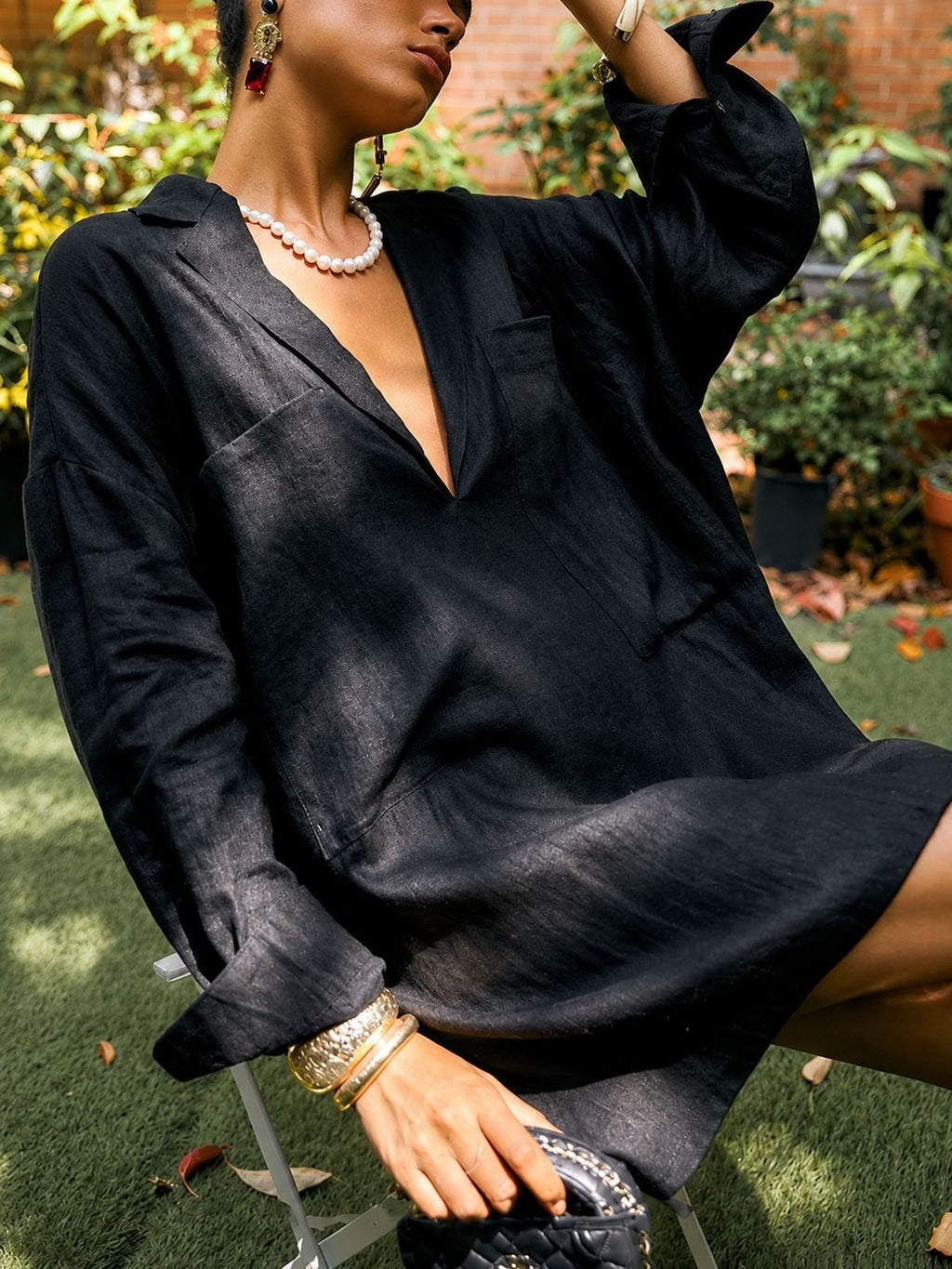 Loose-fit Linen V-neck Shirt Dress