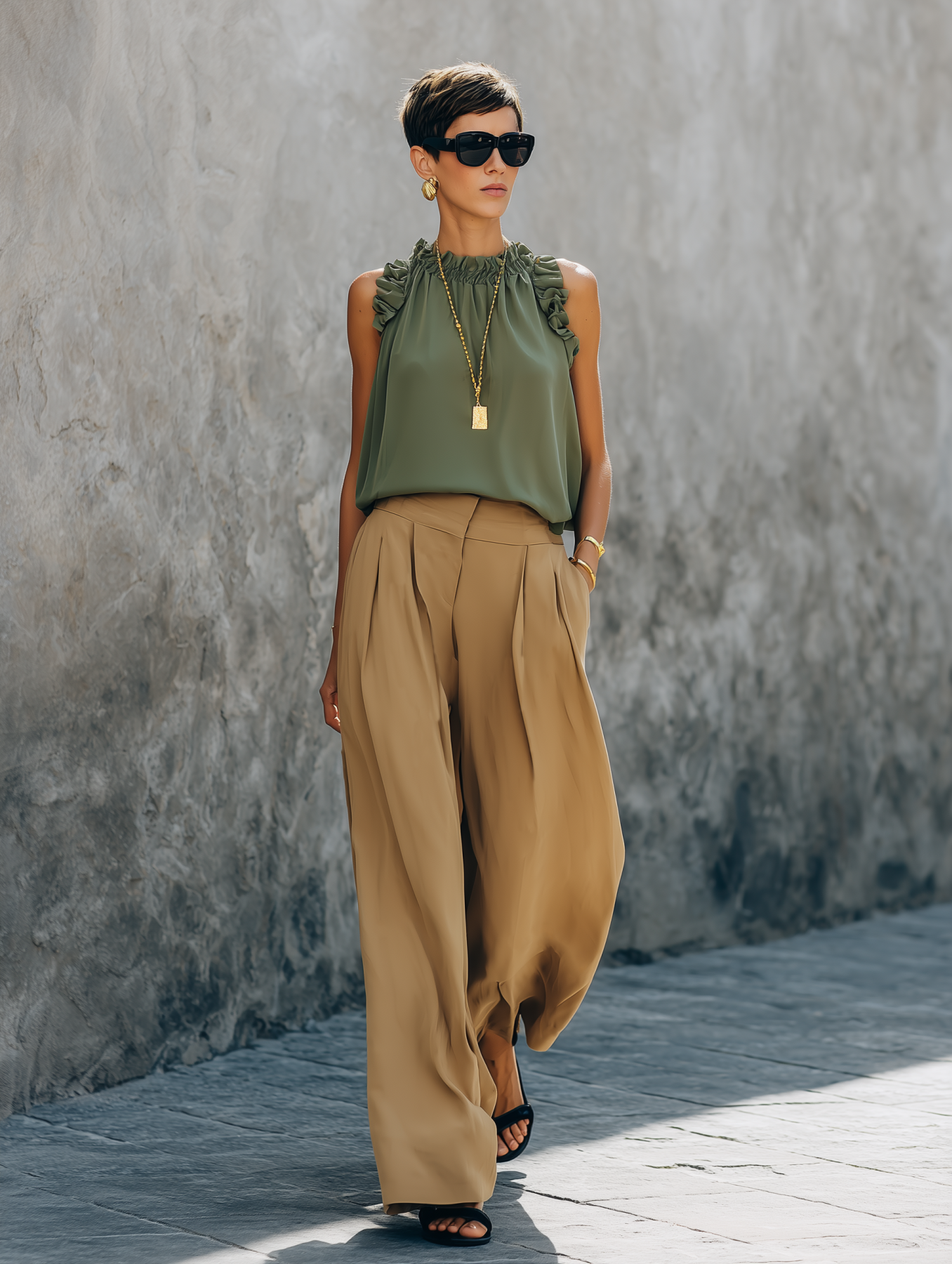 Silk Ruffle Halter Top for Women - Elegant Green Sleeveless Blouse with Gathered Neckline and Flowy Fit