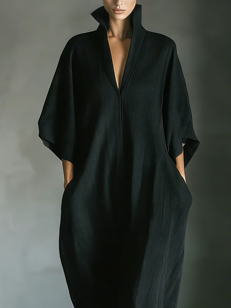 Linen Maxi Dress for Women - Elegant Long Flowy Cape Sleeve V-Neck Boho Style Black Robe Dress with Pockets