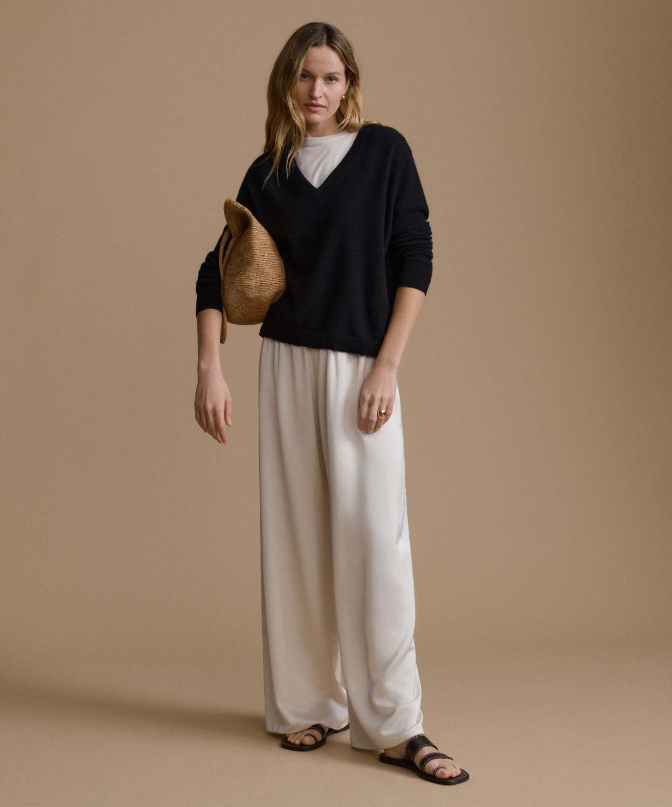 Soft Knit V-Neck Sweater with Relaxed Fit and Wide Leg Trousers Set