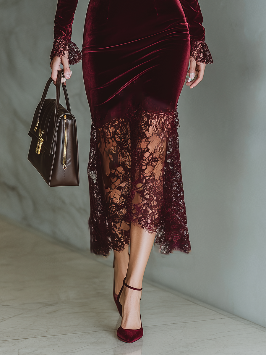 Velvet Lace Midi Dress with Long Sleeves and Square Neckline for Women Elegant Evening Party Dress