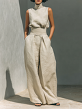 Linen Sleeveless High Neck Top with Wide Leg Pants Set for Women Modern Minimalist Outfit