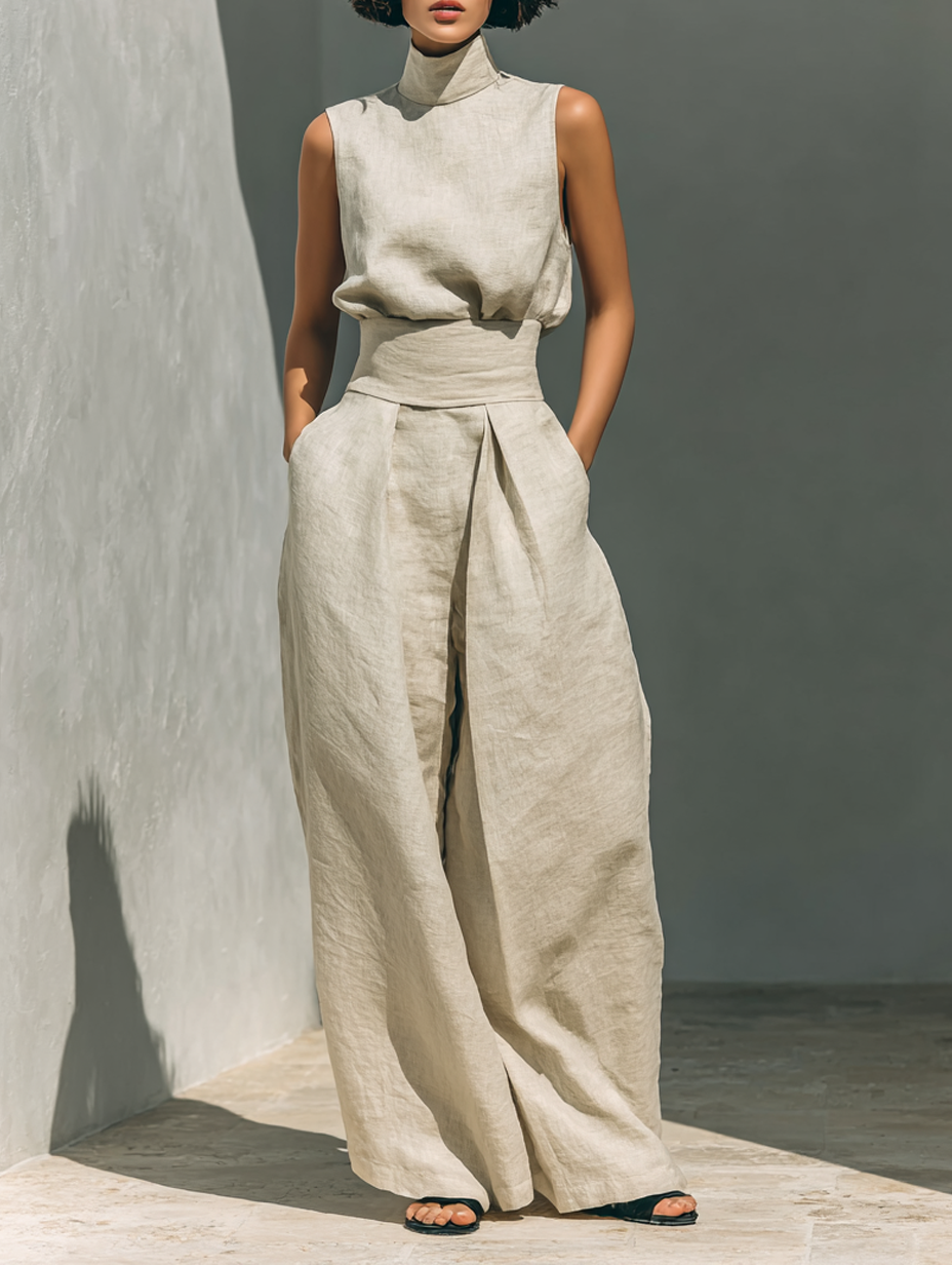 Linen Sleeveless High Neck Top with Wide Leg Pants Set for Women Modern Minimalist Outfit