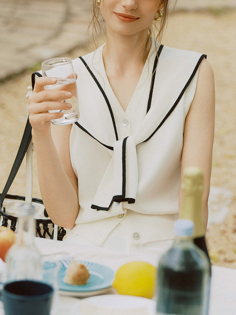 Contrast-Trim Sailor Collar Knit Cardigan